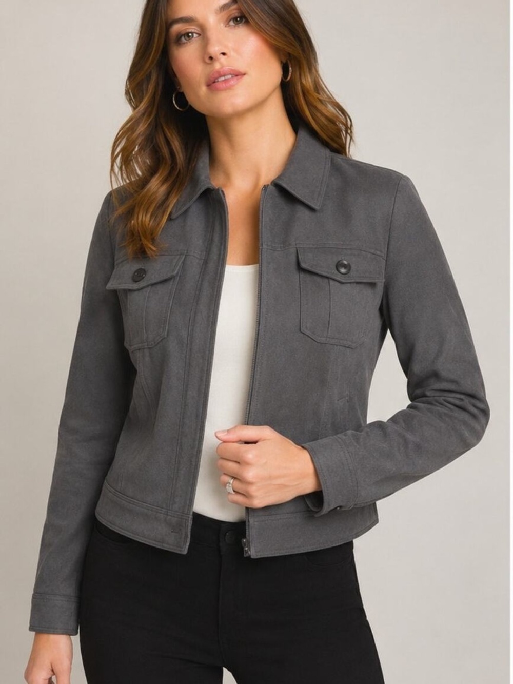 NWOT White House Black Market Women's Gray Suede Zip-Front Jacket
